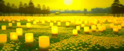 A yellow field with glowing lanterns painted by Qiu Ying