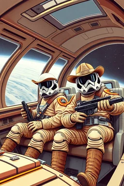 cowboy astronauts in a spaceship, star wars style
