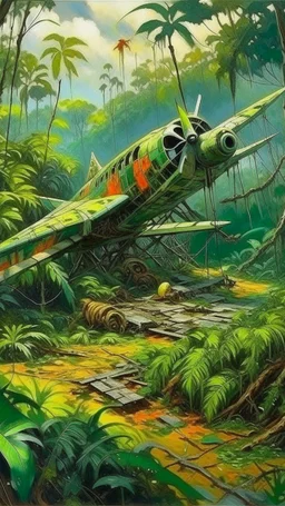 An old airplane crashed in rainforest filled with vipers painted by Claude Monet