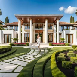 full body young lady in pants an blouse standing in garden of luxury villa