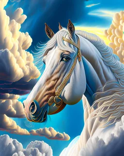 Dibujo animado de un caballo Palomino, calidad ultra, hiperdetallado, maximalista,, cielo con nubes pequeñas, 8 k