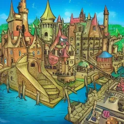 A magical canal city of wizards, witches and warlocks with a castle Andy Catling style