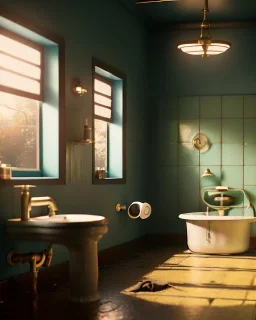 Bathroom scene with big hair monster, Wes Anderson style, realistic photo, concept art, smooth, unreal engine 5, god lights, ray tracing, RTX, lumen lighting, ultra detail, volumetric lighting, 3d.