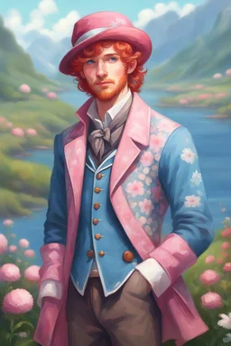 kind young sailor, man, red slightly curly hair, long jacket, pink-azure clothes, pink-azure cocked hat, white floral pattern on the jacket, flower in the hair, stardew, valley style