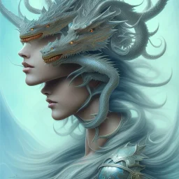 sango fantasy, fantasy magic, intricate, sharp focus, illustration, highly detailed, digital painting, concept art, matte, artgerm and paul lewin and kehinde wiley, masterpiece silver dragon head blue African nice breast Afo woman turquoise waves