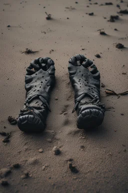 A toes looks dirty filled on the grey , Sands and dirt on a sands ground, view from the top, on it a black scorpion