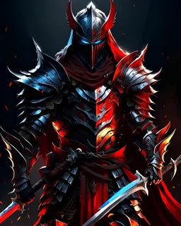 silver and red knight, black and red spikes coming out the arms, legs and back, glowing red eyes, long red cape, red hair coming out the helmet