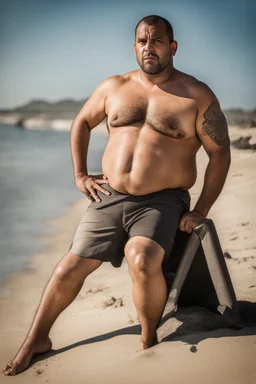 full figure shot photography of a tired chubby burly 38 years old ugly arab carpenter, shirtless, big nose, tattoo, unshaved, short curly hair, manly chest, angry eyes, open legs , at the beach in the sun, big shoulders, big tights, side light, ground view angle