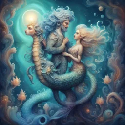 luminescent. mystical, mermaid gnome couple with long curly fancy flowing tail. Riding a seahorse, Marine life Background. perfect facial features. Hyperdetailed, dreamlike.