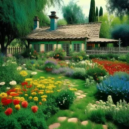 A green garden filled with flowers near a house designed in Navajo woven art painted by Claude Monet