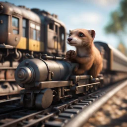 train that looks like a weasel wearing driver gloves, in the style of a fallout 4,bokeh like f/0.8, tilt-shift lens 8k, high detail, smooth render, down-light, unreal engine, prize winning