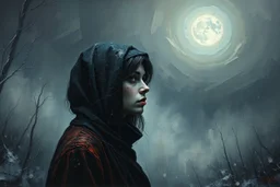 impasto style with thick layers of paint, cracked paint, sad woman winter mist and pale volumetric light with in background dark mystiv abyss on sky, dark surreal, dark mood, cold, deep dark colors , high detalied, weird, fog, shadows. weird, surreal, highly detailed, melancholic thriller mood