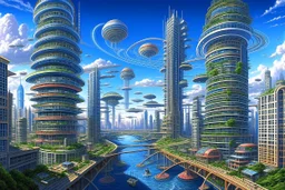 detailed alien cityscape, buildings with balconies, tracks, roads, paths, river, blue sky, white clouds