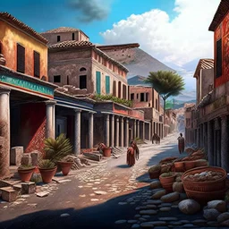 Pompeii houses streets men women children in the streets before destruction digital art hyper-detailed realistic 8k summer weather