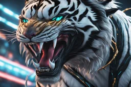 Venom beast in 8k anime cgi artstyle, white tiger them, neon effect, close picture, full body, apocalypse, intricate details, highly detailed, high details, detailed portrait, masterpiece,ultra detailed, ultra quality