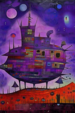 A purple haunted spaceship with ghostly music notes painted by Paul Klee