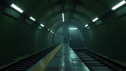 GAME CONCEPT ART .two poin perspective.Station platform and stairs from side .photograph inside of hole .very big ambient.gient station.Inside the old subway tracks, . Low light and closed green moss walls. Like the original design of the game space ,digital art.landscape,far camera old painting,2 Chen and George Hopper, Rembrandt lighting, a dark green color scheme, . --ar 13:16 --v 6. 0 metro game