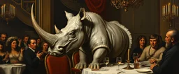 portrait painted by Rembrandt, stupid looking marble dragon rhino at banquet