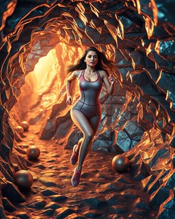 make a picture pretty cave made of crystal and metallic 3d fractal recursive cubic and sphere base structures and a beautiful fashion model lady with cute,curvy long hair,makeup, in pretty sports suit is running inside cave ,dynamic camera fallow her inside cave capturing full body, dynamic lights.