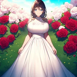 gorgeous anime girl wearing a yellow and white dress ,standing in a meadow of flowers, spreading rose pedals on the ground. beautiful eyes and a stunning smile, blue eyes