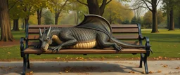 master oil painting by Rembrandt, flat dragon person sleeping on a bench in the park