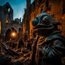 Close-up of ultra realistic odd monsters in a ruined city, after a war, vivid, ultra realistic, Hieronymus Bosch, hypermaximalist figures, light, Italian 1970's odd movie, hilarious, fine art, Minicavio Quollati style, photography by Marlost Endgulp, dark atmosphere, obsessive, 4k, sharp focus, 3d, photorealism