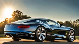 A sleek (((a fusion of bentley and bmw))), its glossy shell reflecting the (((bright sun))), cutting through a (((clear bright blue morning sky)))