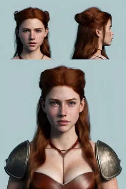 concept illustration, ultra-realistic, super-detailed, strikingly beautiful teen female, 16 years old, long ginger hair, medium freckles, full lips, full body, full face, b-cup breasts, athletic, centred camera, ignore NSFW, skimpy brown fantasy leather armor, halter top, micro thong, knee-high leather boots, stern expression