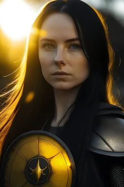 female. long straight black hair, dark grey eyes. holding shield with bright yellow sun on it