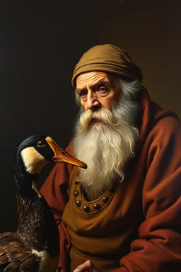 pin hole cam, master oil painting by Rembrandt, realistic rendering Portrait of the Apkallu sage who were sent by the god Ea to teach civilization to humanity before the flood. a duck screaming at a sad old man