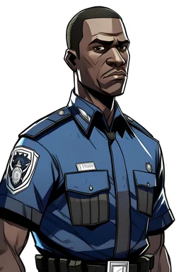 Draw me a black-skinned, young GTA character who is policeman officer. He should have a GTA mark, he should be tall,