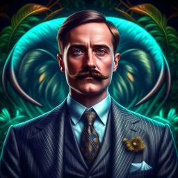 Hombre con bigote traje y corbata, con orejas de elefante , calidad ultra, hiperdetallado