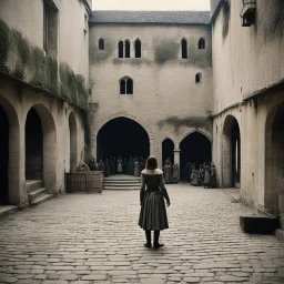 A documentary-style historical photograph with a gritty, filmic 1970s texture. The scene is the inner courtyard of the Royal Court in Chinon during medieval times. A wide-angle shot, taken from a slightly low perspective, captures Joan of Arc, 17, at the moment she is flanked by Jean de Metz and Bertrand de Poulengy. They are dressed in dusty, tarnished plate armor and leather. Joan herself wears simple, stained tunic and breeches, her hair shorn short, looking directly up toward the massive sto