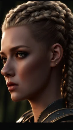 photorealistic hyperdetailed portait of an 18-year-old female as mercenary with blonde undercut hair with braids, wearing light armour dark fantasy forest backdrop