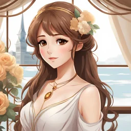 concept art {"young woman", "brown hair", "brown eyes", "modest dress", "curvy", "shy expression", "necklace"} . digital artwork, illustrative, painterly, matte painting, highly detailed, breathtaking, award-winning, dreamy, professional, highly detailed, anime, indoors background, Detailed hands