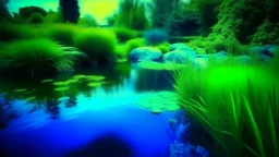 Contemplative, dreamy and realist photo of a technological garden with a lake. Shapes are grainy and with a little blur. Colors are vivid, electric blue, electric green and electric grey.