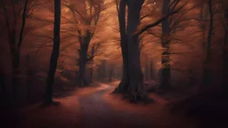 creepy realistic photo of an autumn forest with a path between trees
