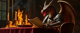 close up portrait painted by Rembrandt, dragon in knights armor holding speech at burning dinner table