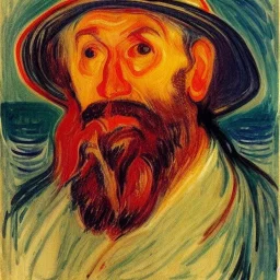 Portrait of OLd Galician Fishermen with long beard on boat wearing bucket hat by edvard munch 8k