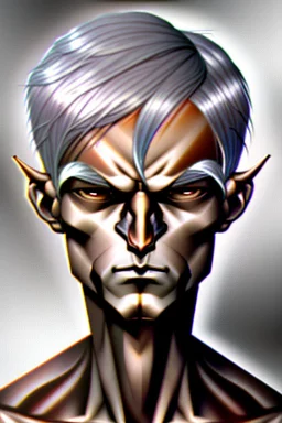 bronze skin, silver hair, short hair, horns, six arms, human, male