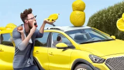 guy arguing on phone next to kia sportage covered with lemons