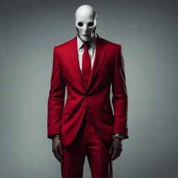 a sinister figure wearing a red suit with a red tie with no face and dirty hair