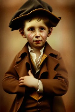 damaged oil painting, portrait of oliver twist, boy crying, oil on face, 1800s clothes, wearing tophat, factory and oil in background, atmospheric lighting