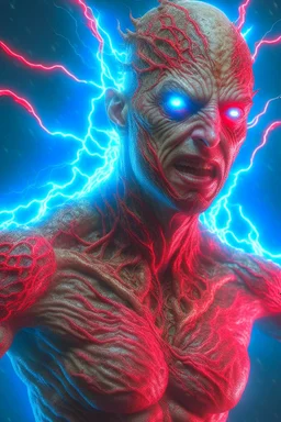 Skeletal man with strange eyes, action snapshot, bloody, Upper body portrait, 8k resolution by Greg Rutkowski, Artgerm, WLOP, Alphonse Mucha dynamic lighting hyperdetailed intricately detailed Splash art trending on Artstation triadic colors Unreal Engine 5 volumetric lighting, thunderstorm