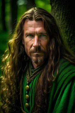 portrait of a handsome 40 year old highlander with long hair, earthbound, his favorite colors green, his favorite place is in the wood or in the garden