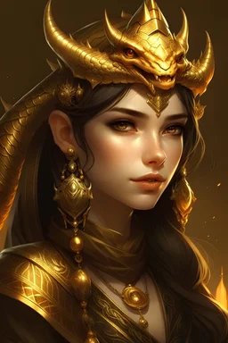 "I want to draw a cartoonish girl who leans more towards realism than cartoonish, belonging to the dragon era, dressed in a fusion of gold and black attire, with Arabic features. She possesses magical abilities, wears a crown reminiscent of dragon shapes, and holds a magical scepter in her hand."
