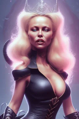 Pamela Anderson as evil queen in black leather, leather, busty, cleavage, angry, stern look. character design by cory loftis, fenghua zhong, ryohei hase, ismail inceoglu and ruan jia. unreal engine 5, artistic lighting, highly detailed, photorealistic, fantasy