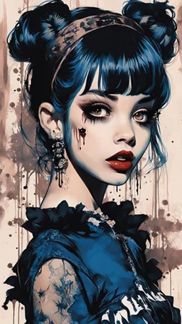 Poster in two gradually, a one side malevolent goth vampire girl face and other side the Singer Melanie Martinez face, full body, painting by Yoji Shinkawa, darkblue and brown tones,