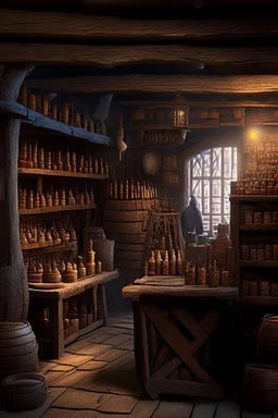 inside of a medieval shop, wooden walls, log pillars, stone desk with shop keeper behind it,