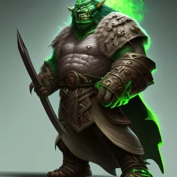 orc mage, Height 200cm, Weight 150kg, Skin color green, Has predator-like eyes, fangs, and claws. He holds a magic wand by both hands. He kills humans with ferocious accuracy. His intelligence is equal to that of a human. Wears robes of crude cloth